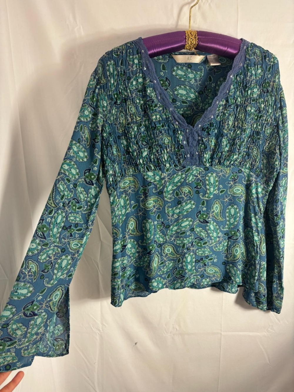 Y2K Blue Lace Flare Split Sleeve Sequin Flowy Fairy Whimsigoth Blouse Size M-L